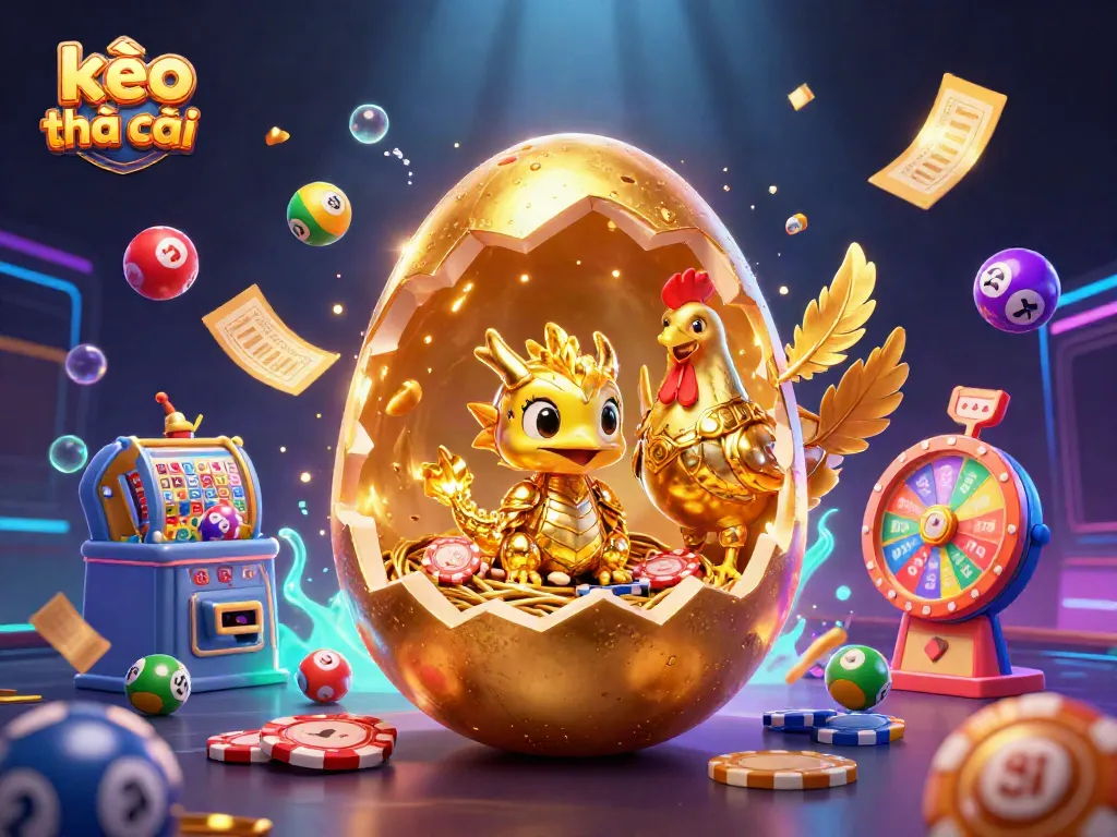 Place bets with kèo nhà cái while enjoying vibrant lottery elements and golden casino imagery.