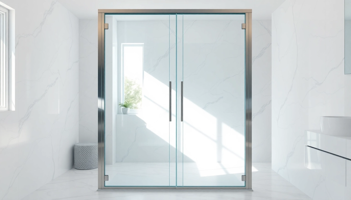 Close-up view of shower doors sliding showcasing elegance and modern design in a luxurious bathroom.