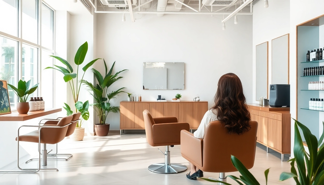 Experience a luxurious perm service at Omnia Salon, San Diego, featuring elegant decor and eco-friendly Aveda products.