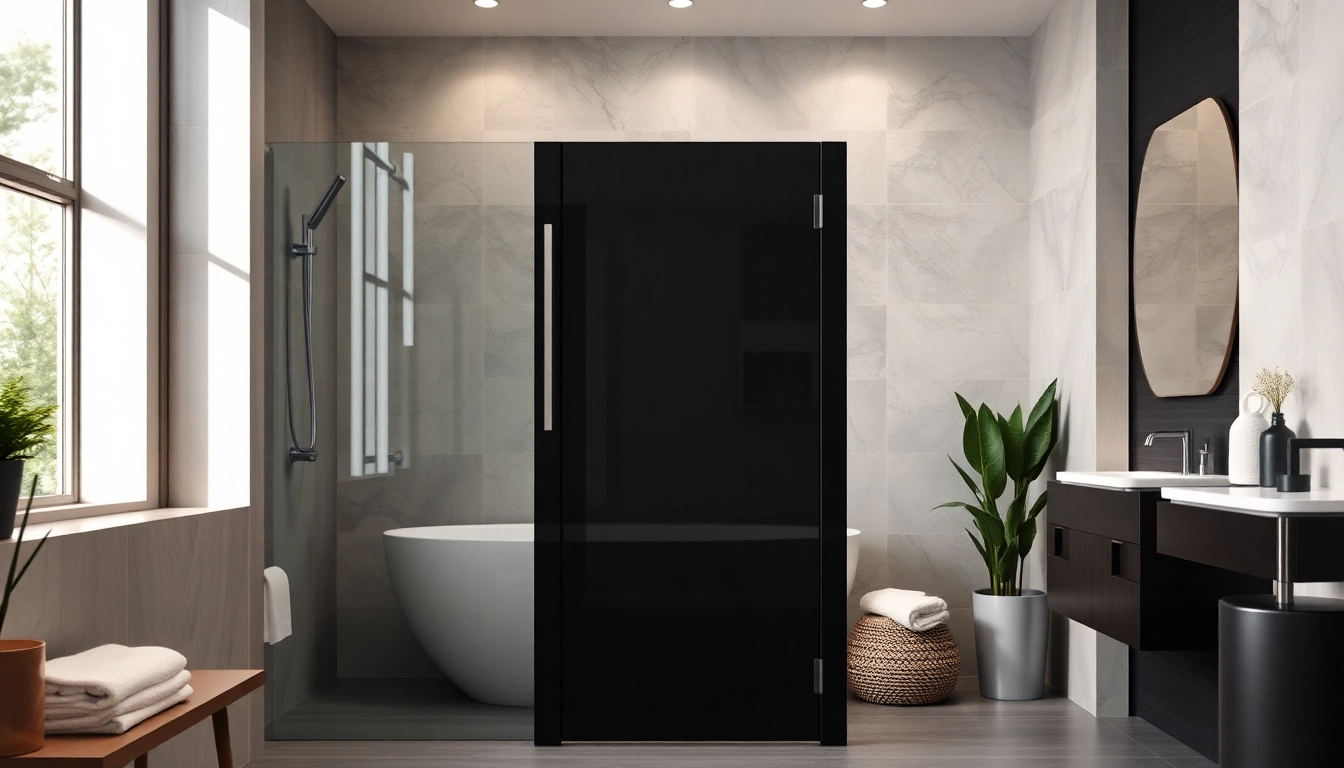 Enhance your bathroom with a stylish black shower door that combines elegance and functionality.