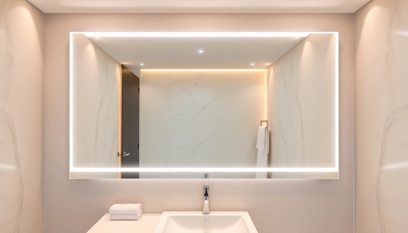 Reflecting a stunning elegant led mirror in a chic bathroom, showcasing its illuminated beauty.