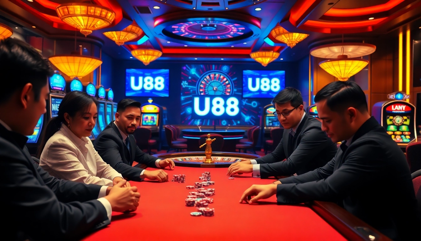 Players strategizing at a U88 poker table, immersed in a thrilling casino atmosphere.
