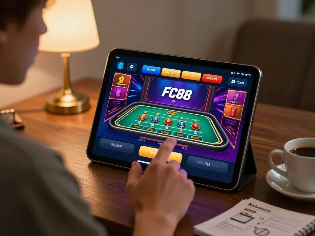 Player using the FC88 app on a tablet, showcasing online gaming strategy in a cozy environment.