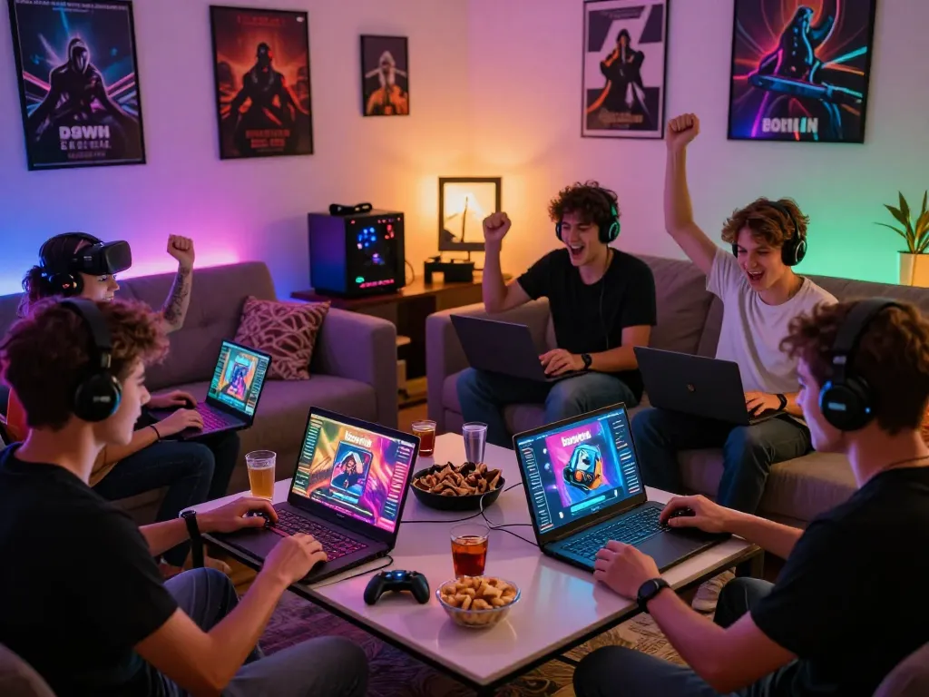 Friends engaging with the bomwin gaming platform in a lively home setting.