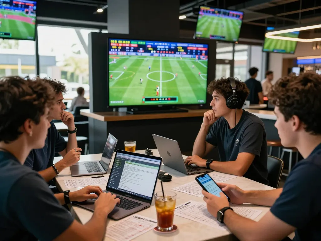 Group of bettors analyzing 1gom live statistics in a modern sports bar.