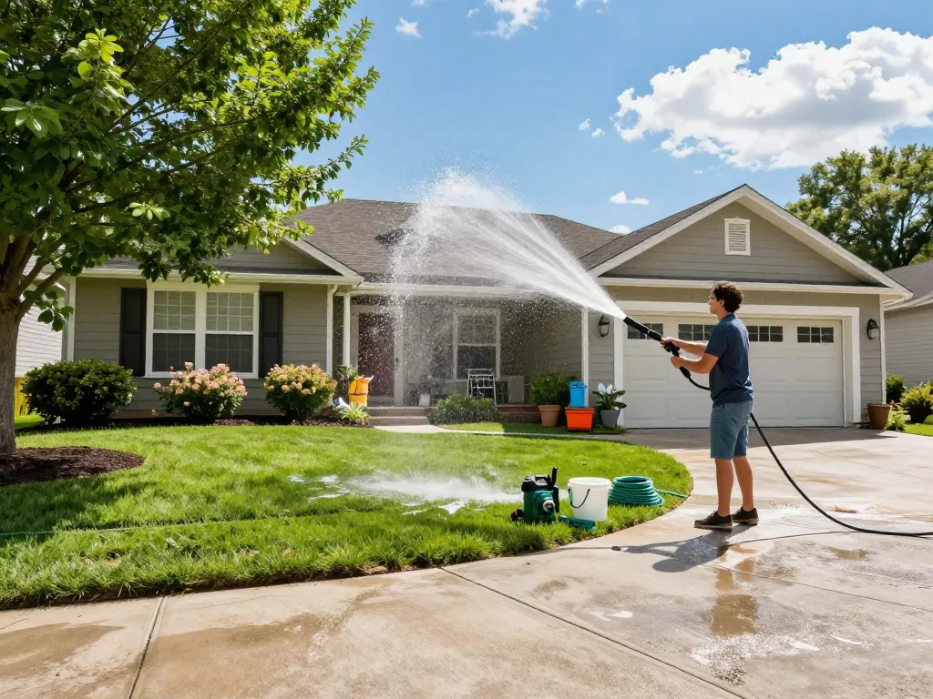 house washing Atlanta GA homeowner actively cleaning exterior in bright daylight