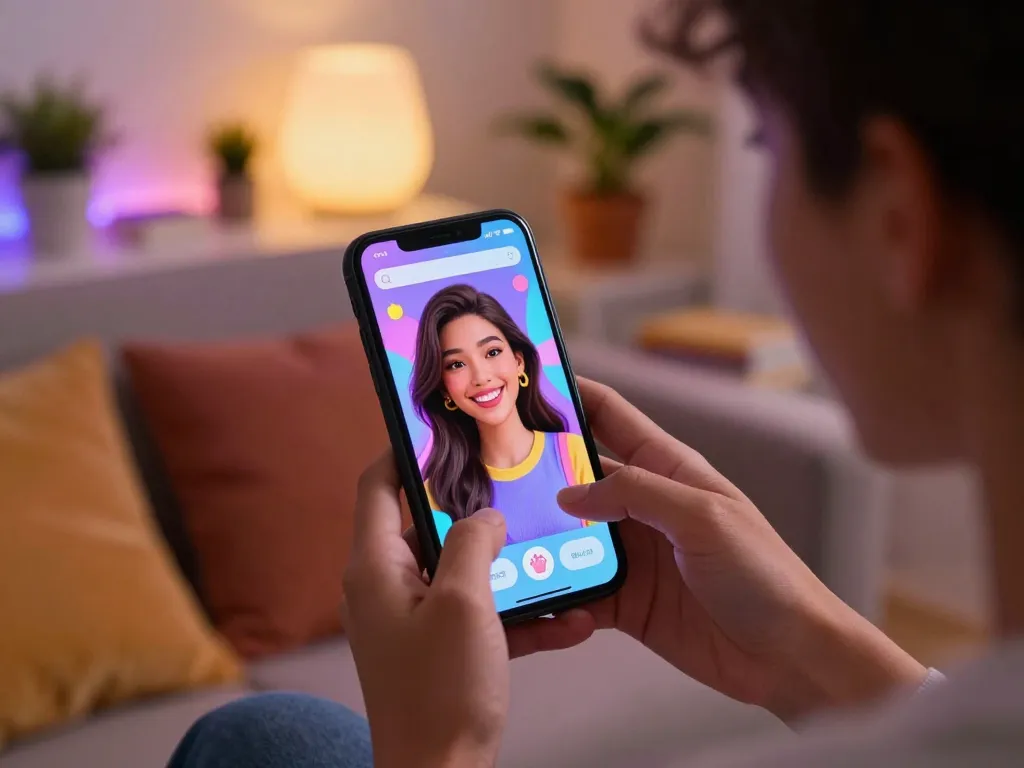 A young person chatting with their AI gf on a smartphone in a cozy room.