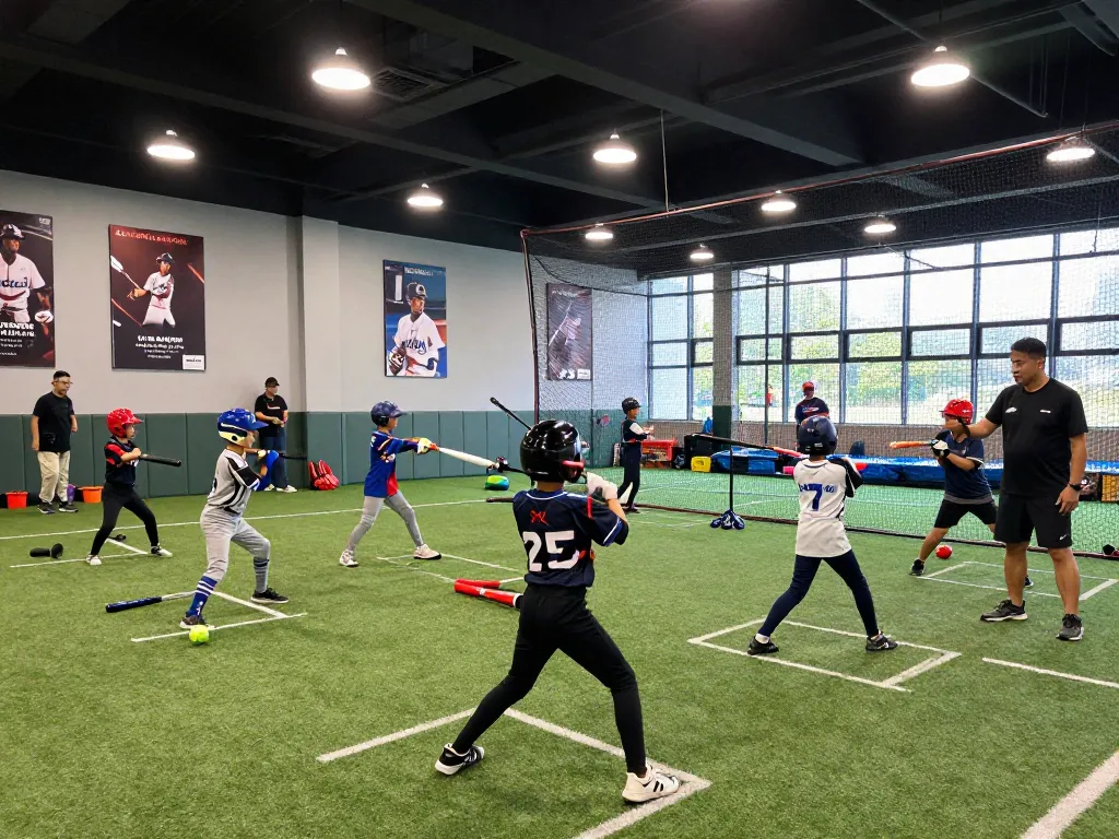 Youth players training at hitclub indoor baseball facility, practicing swings with coaches in action.