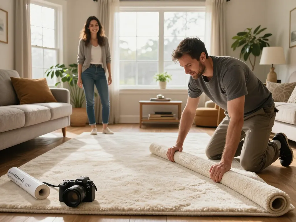 Experience quality home carpet fitting services in a cozy living room with a professional installer.