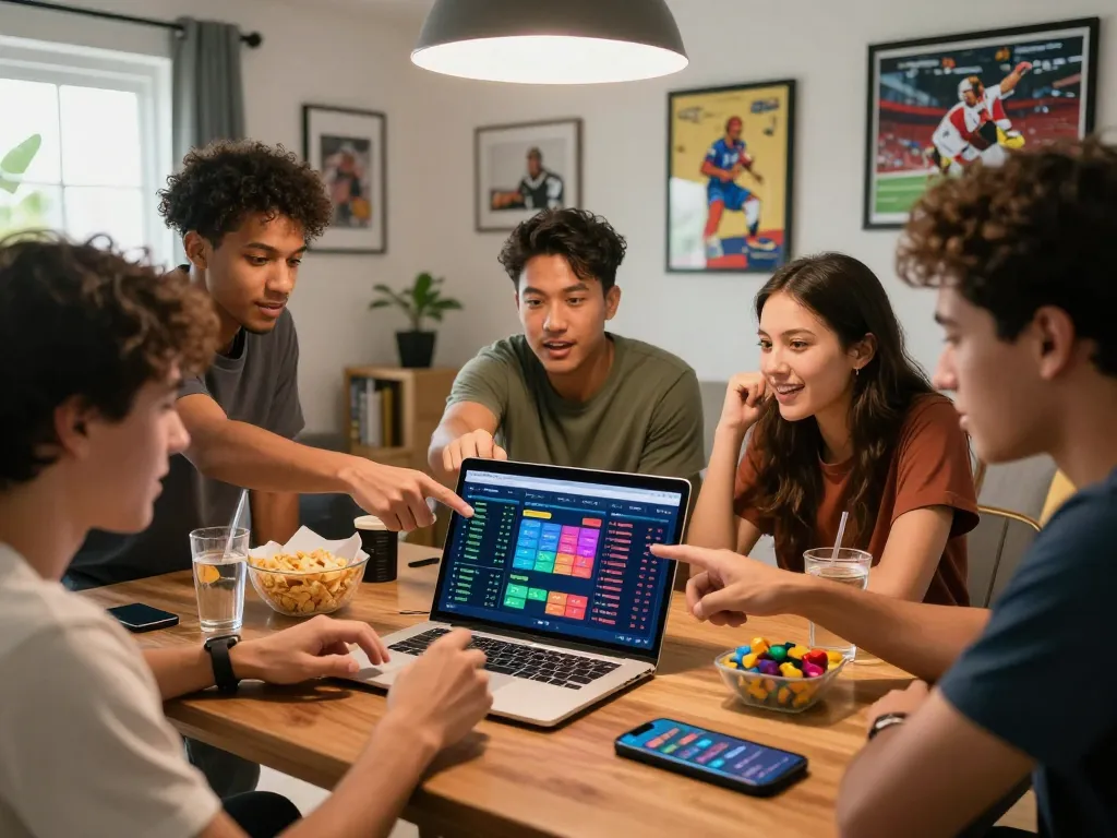 Engaged group analyzing tỷ lệ kèo nhà cái for sports betting excitement in a lively home setting.