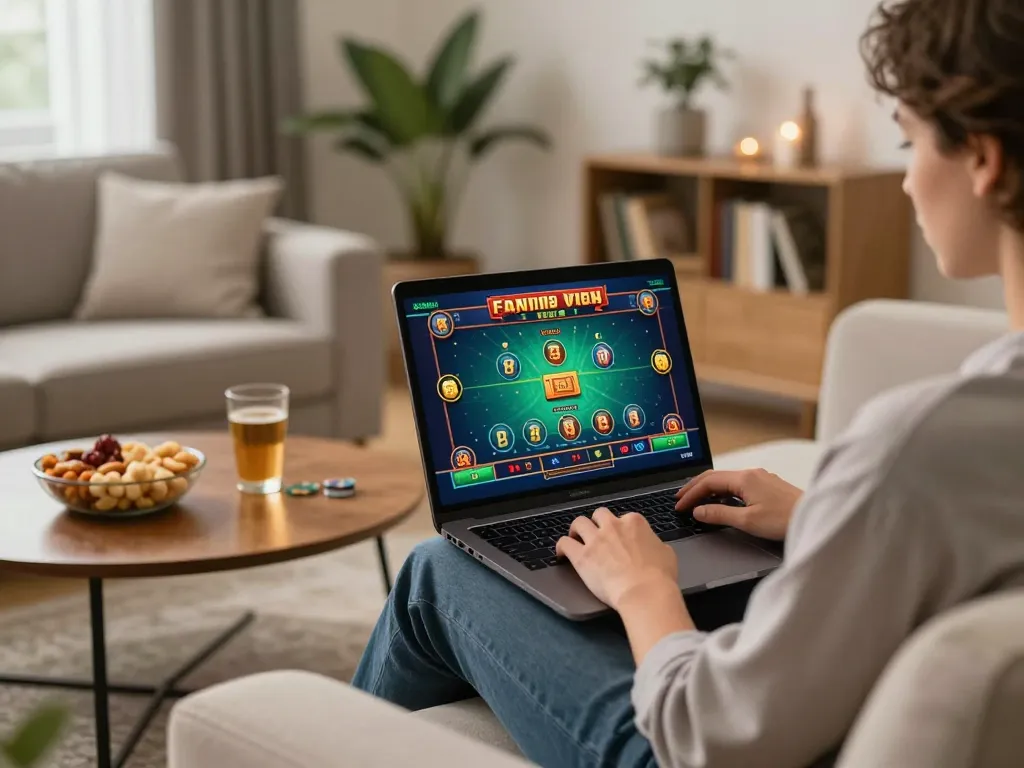 A player engages in online gaming at net88.de.com, focusing on strategic bets in a cozy home environment.