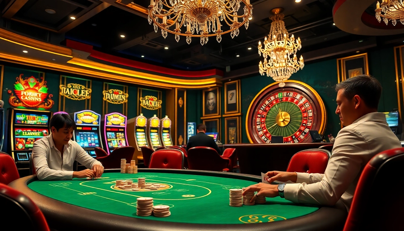 Excited players at a pg88 poker table in a luxurious casino setting, showcasing tension and thrill.