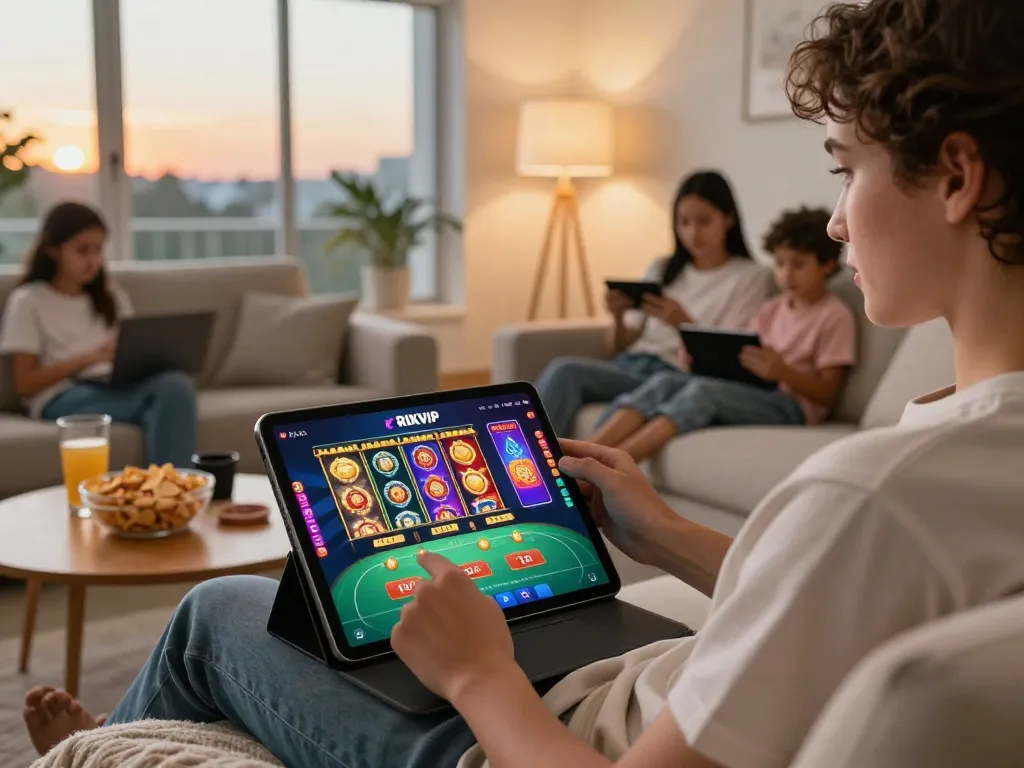 Immersive RIK VIP gaming experience at home with tablet and vibrant graphics.