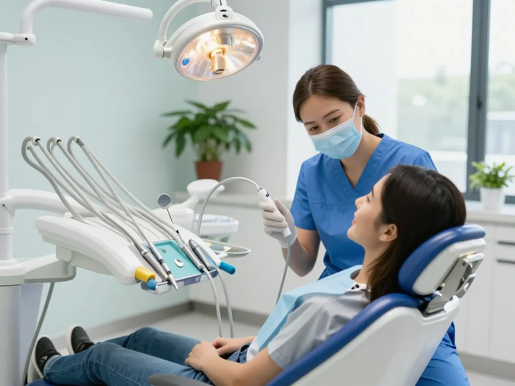Dental chairs in a modern dental clinic with a patient and professional showcasing advanced dental care.