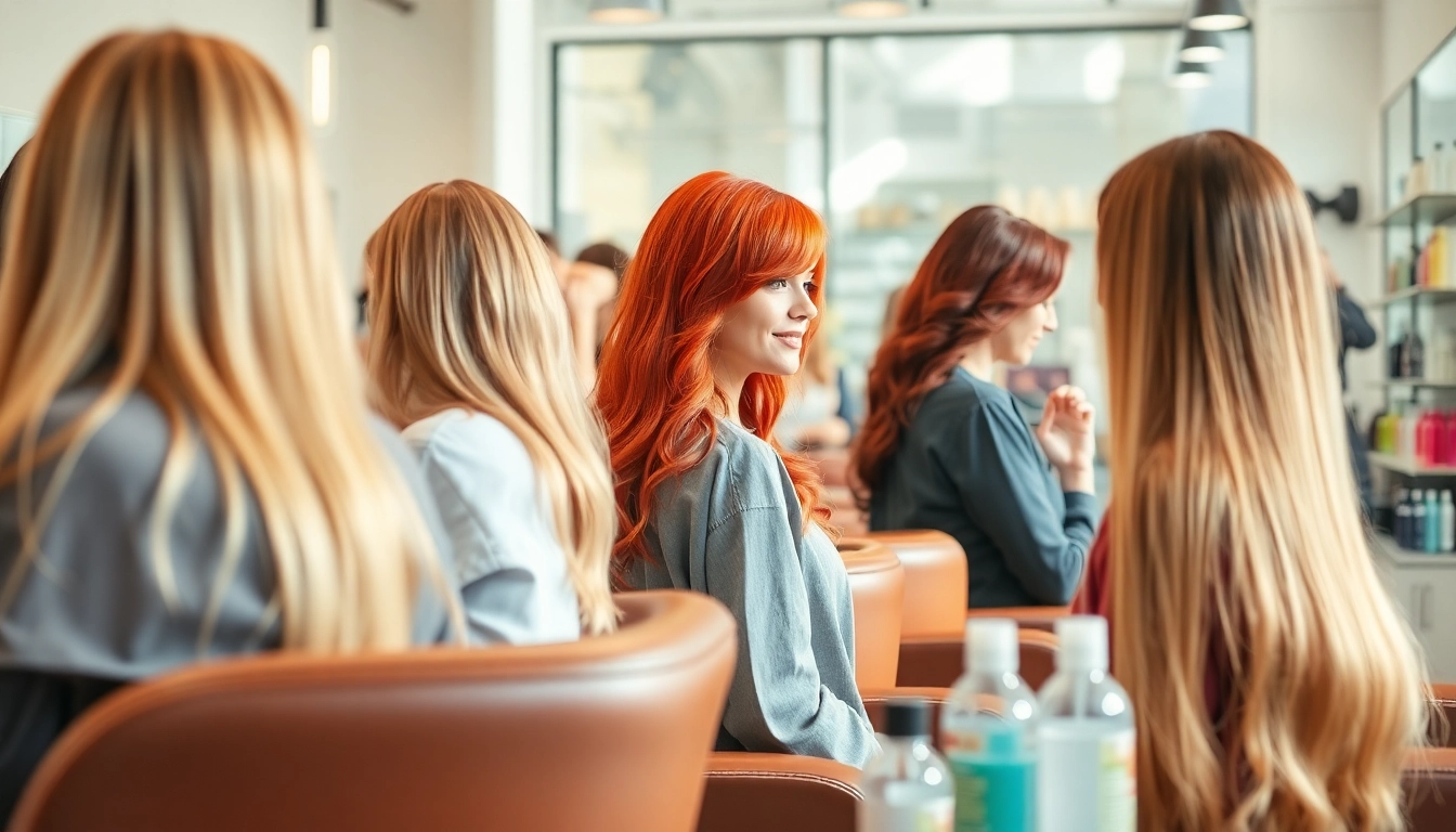 ヘアカラー 美容室 scene with clients showcasing vibrant hair colors and professional stylists in a modern salon setting.