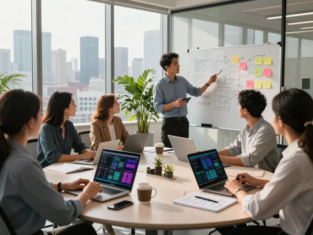 Team collaboration in a modern office, showcasing sunwin's innovative approach to business.
