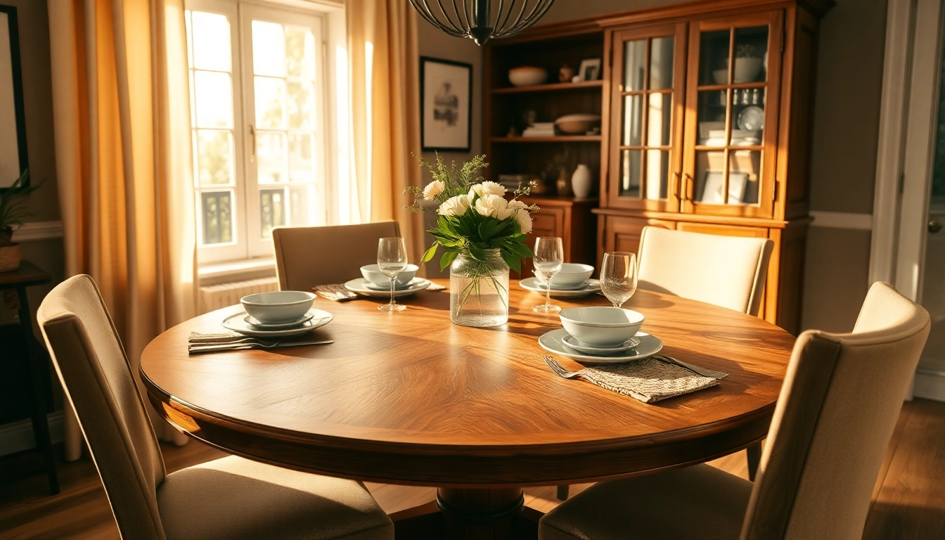 Round dining table with handcrafted solid hardwood, elegantly set for dining.