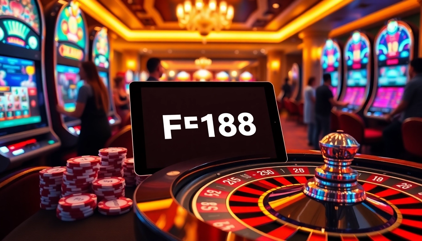 Experience thrilling gameplay with F168 at vibrant casino tables featuring roulette and slot machines.