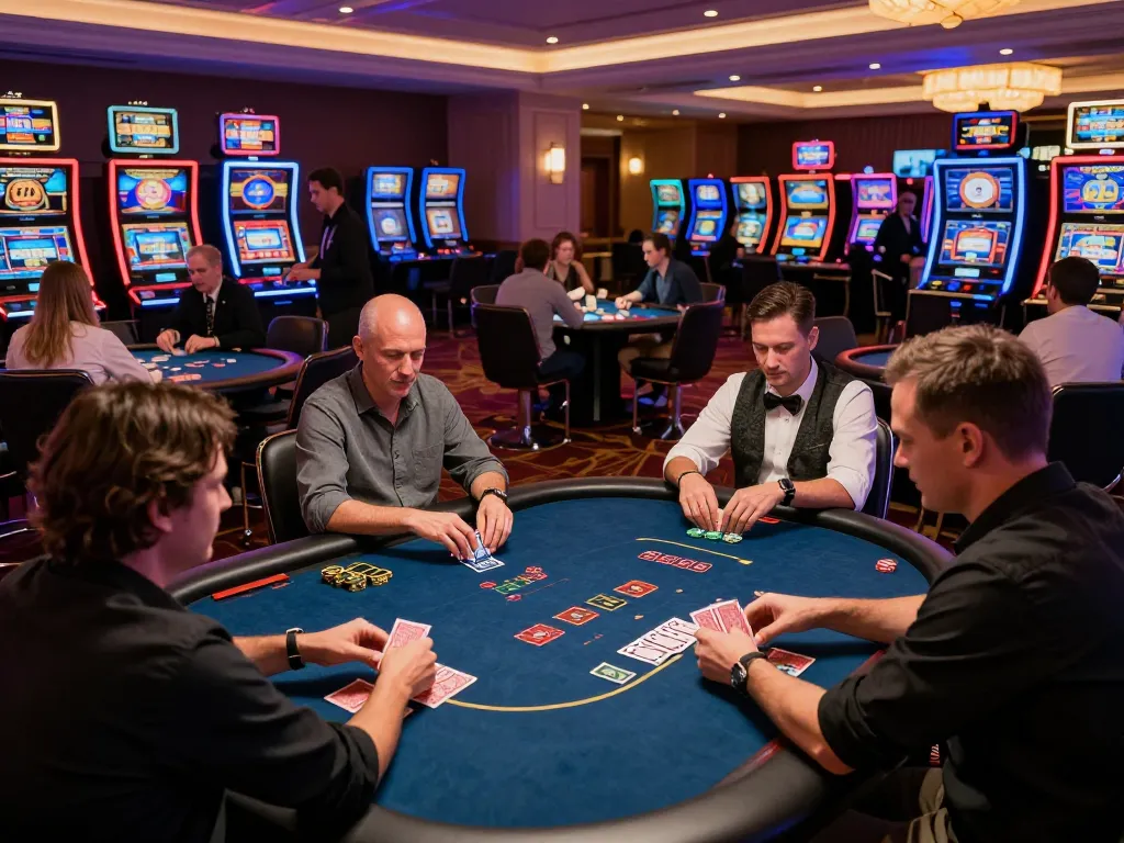 Players at the man club poker table strategizing for high-stakes wins, dynamic casino atmosphere.