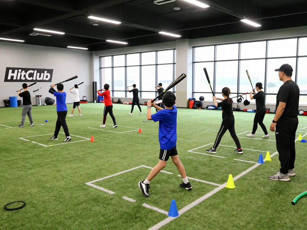 Young athletes at the HitClub training facility practicing baseball swings with coaches providing guidance.
