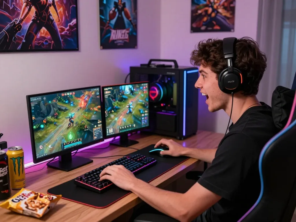 Dynamic gaming environment showcasing a player engaged with the sun win gaming platform, vibrant screens, and RGB lighting.
