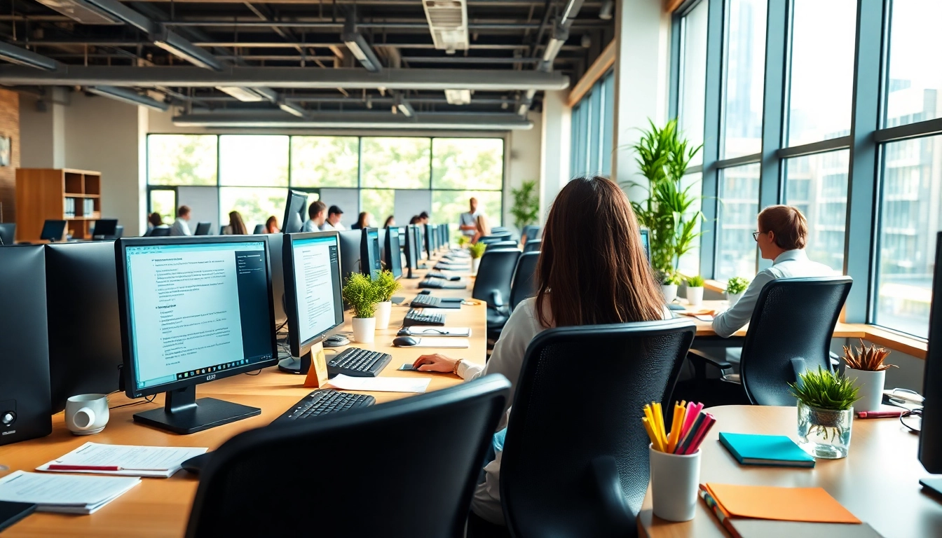 Typists diligently working in a bustling typing center, showcasing teamwork and efficiency.