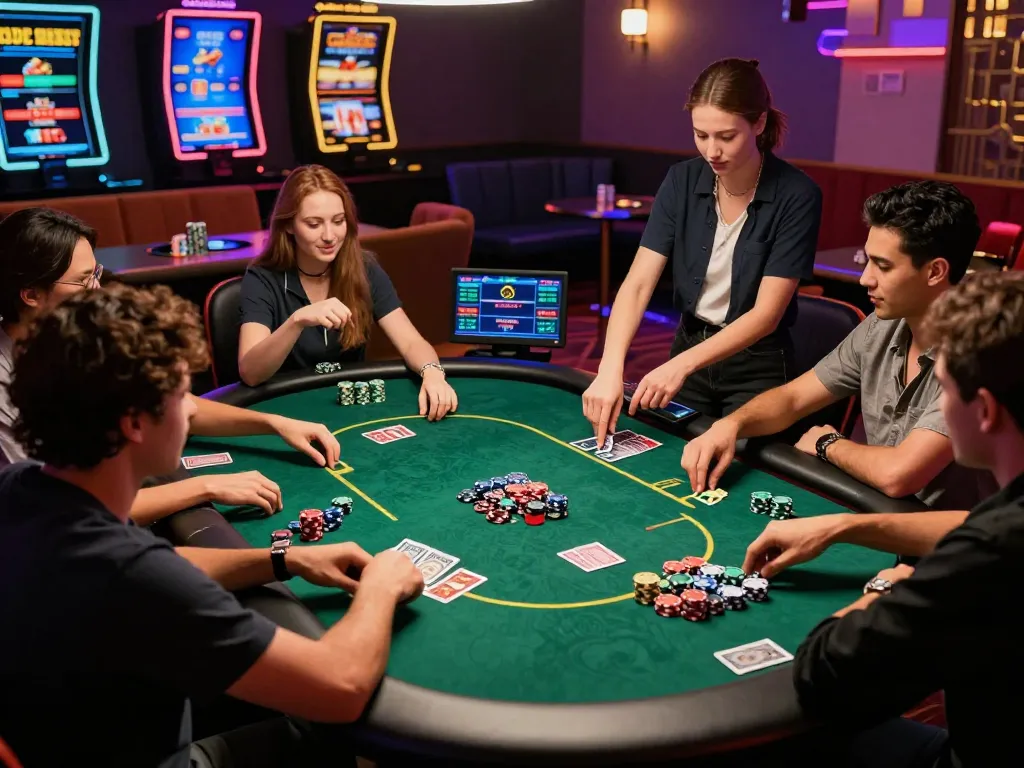 Engaging 789club online casino scene with diverse players at a vibrant poker table, showcasing an immersive gaming experience.