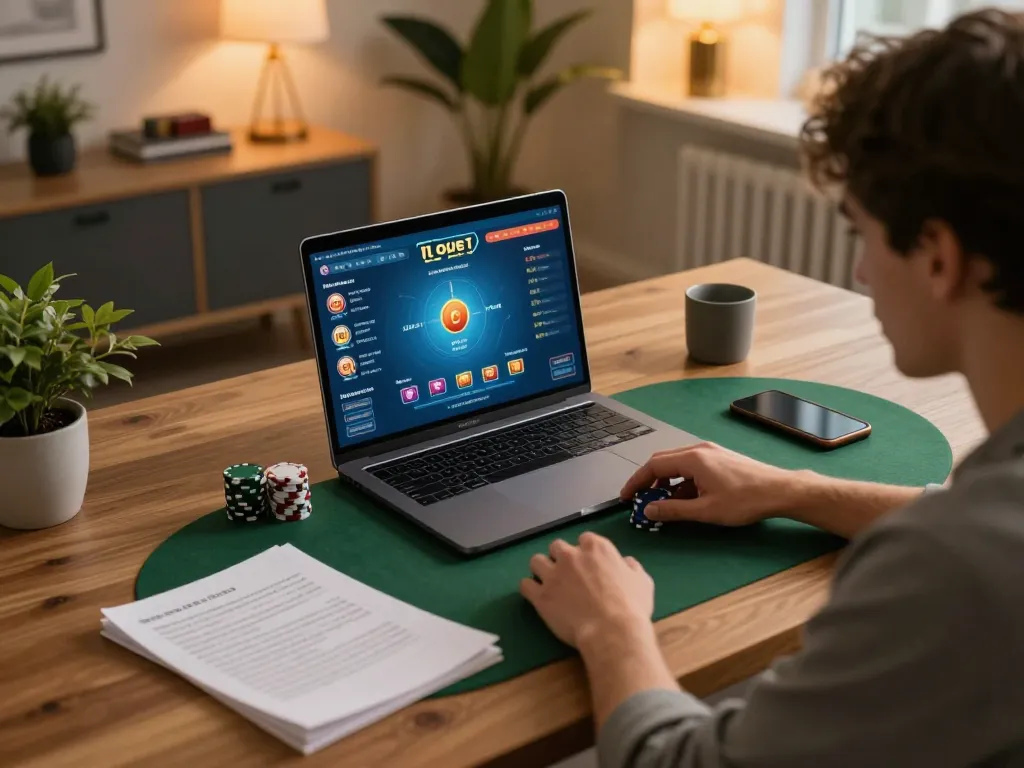 FC88 player demonstrating online poker strategy with laptop and notes in cozy home environment.