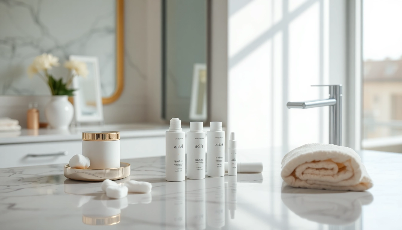 Anal bleaching kit beautifully arranged in a serene bathroom setting.