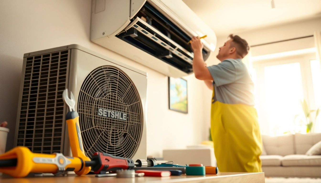 Expert air conditioning repair Tampa technician fixing a unit in a bright living room setting.