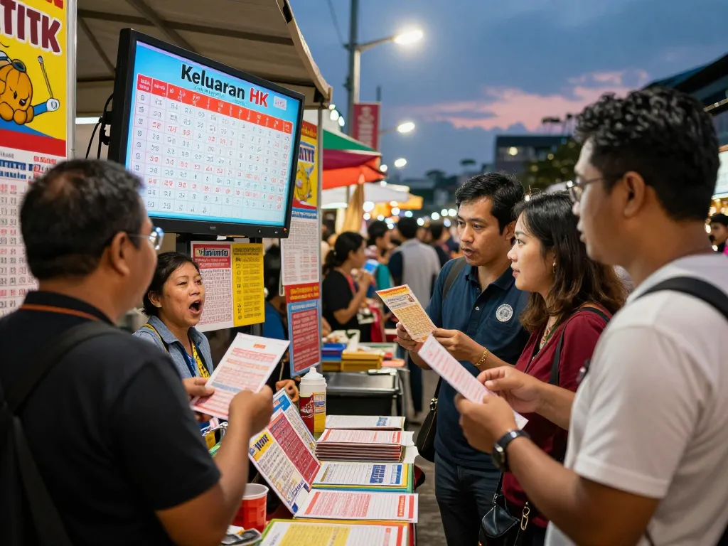 Hasil Keluaran HK ditampilkan di sebuah booth lotere yang ramai di pasar malam, menunjukkan kegembiraan dan keterlibatan komunitas.