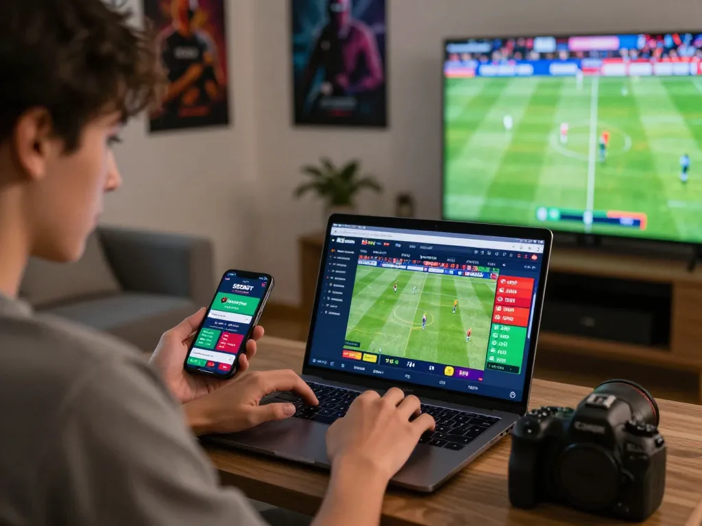 SBOBET user engaging in live football betting on a laptop, vibrant environment with gaming posters.