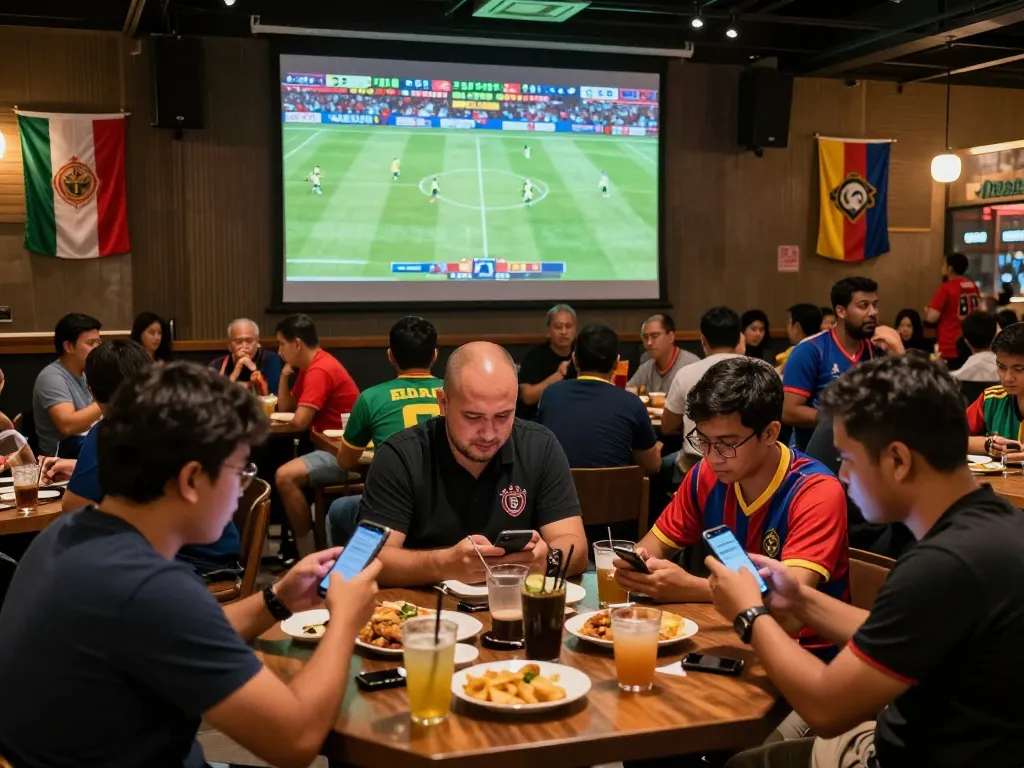 Para penggemar memasang taruhan pada Judi Bola selama pertandingan sepak bola langsung yang mendebarkan di sebuah bar olahraga yang ramai, lengkap dengan jersey dan bendera tim.