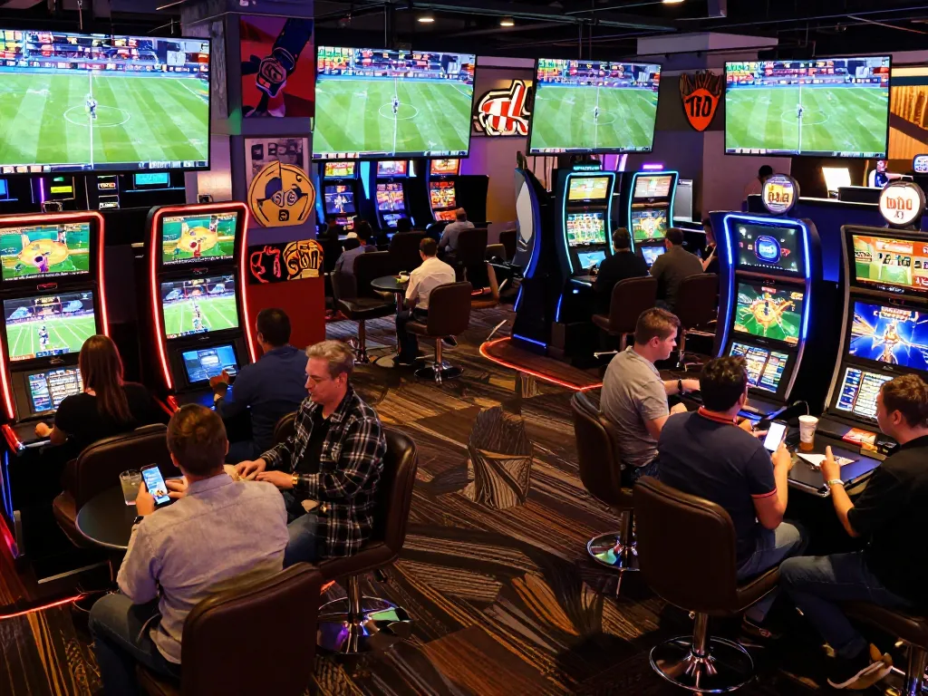 Engaged bettors analyzing tỷ lệ kèo nhà cái 5 at a lively sports betting lounge.