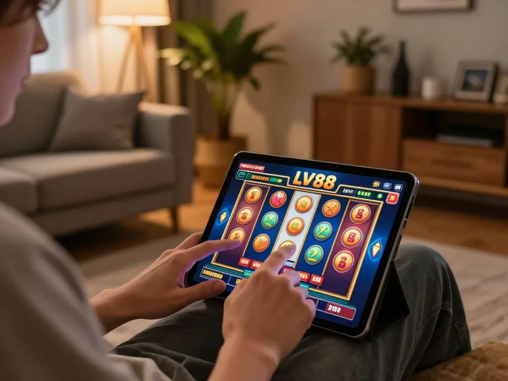 Player enjoying LV88 casino slot game on tablet in cozy home environment