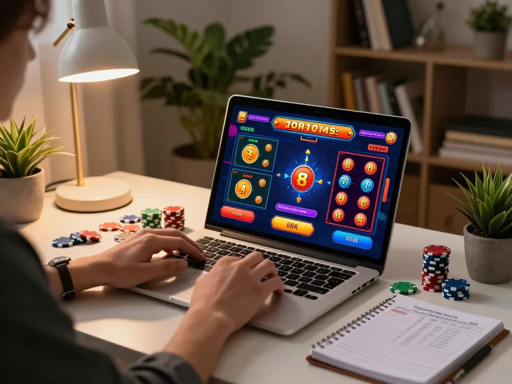 Engaged player navigating the 32win pro online casino platform from a cozy home setting.