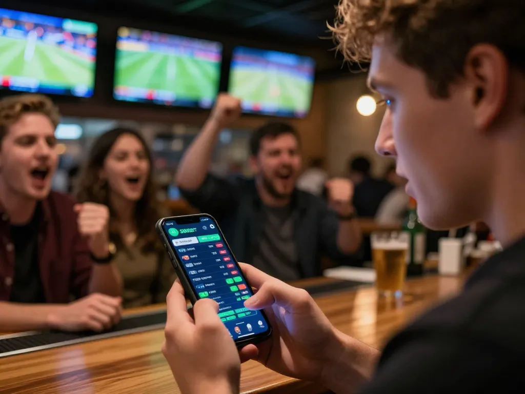 Aplikasi mobile SBOBET yang digunakan selama sesi taruhan olahraga yang meriah di sebuah bar, menampilkan odds di layar smartphone