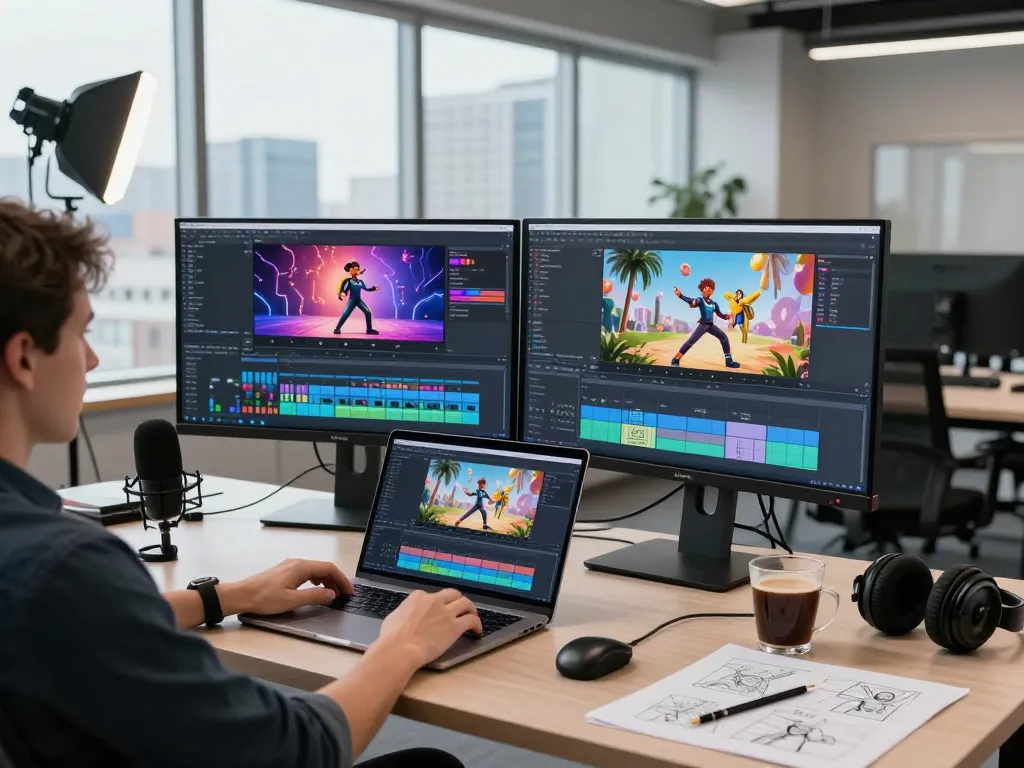 Utilizing Kling motion ai for dynamic video editing in a modern studio setting.