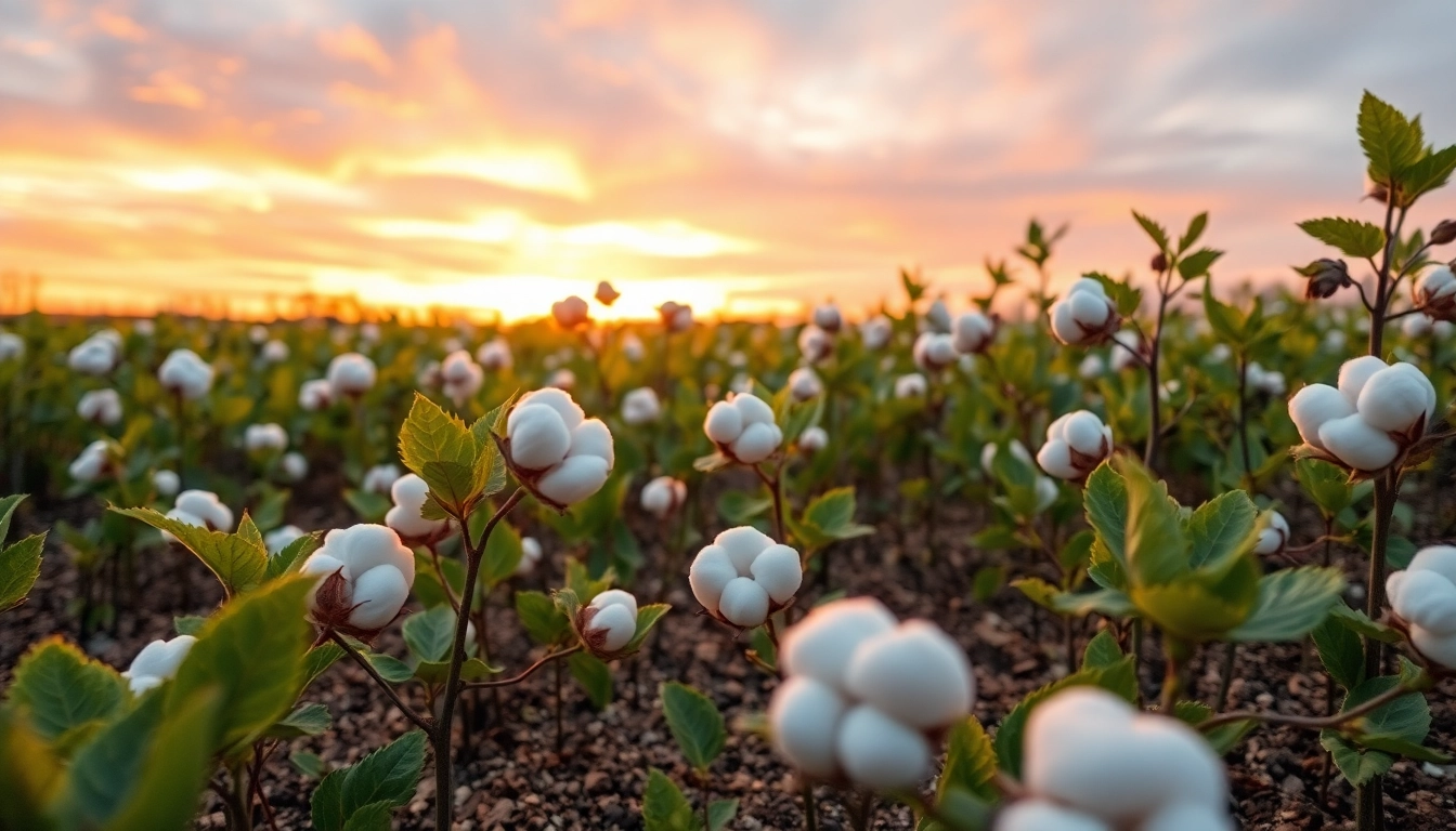 Oogst van katoenplanten in een zonovergoten veld met dauwdruppels.