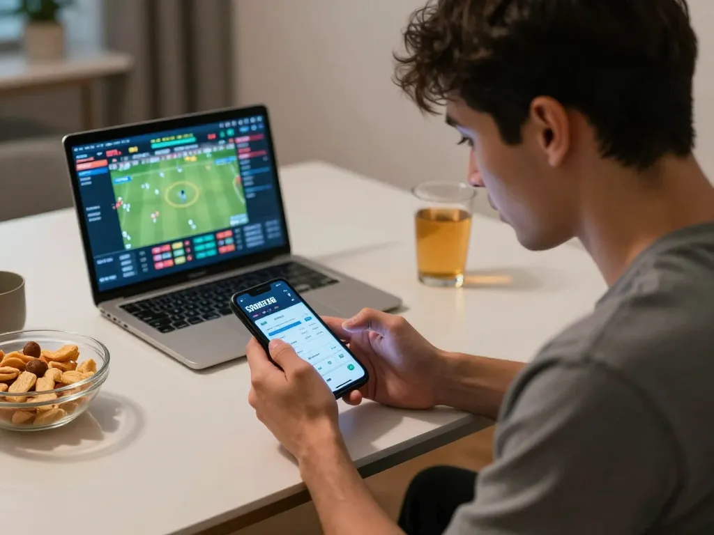 Pemain yang terlibat melakukan taruhan di aplikasi SBOBET88 saat malam di rumah, menampilkan pengalaman bermain game online modern