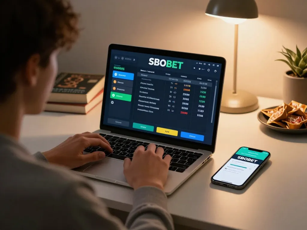 Pengguna SBOBET memasang taruhan pada acara olahraga dengan laptop dan smartphone di lingkungan rumah yang nyaman