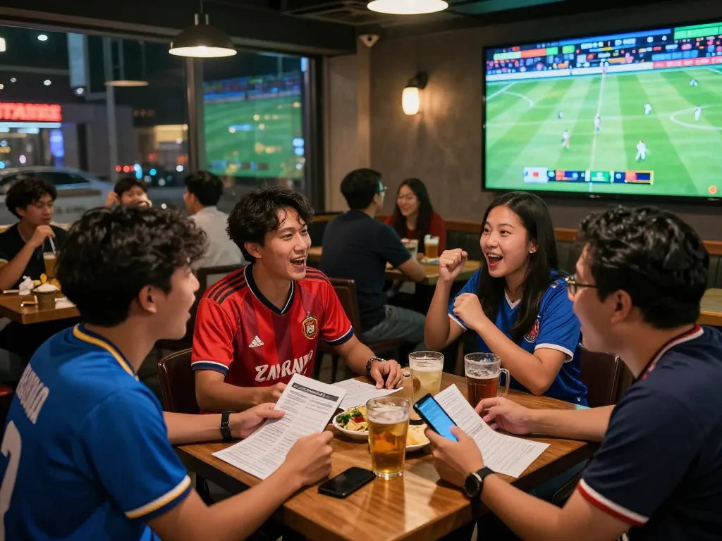 Excited fans enjoying Judi Bola in a vibrant sports bar atmosphere with drinks and betting slips