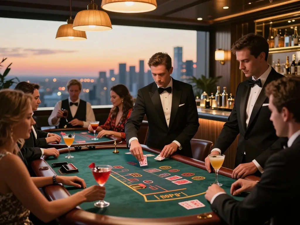 Sunwingo blackjack gameplay in a luxurious rooftop casino bar during sunset.