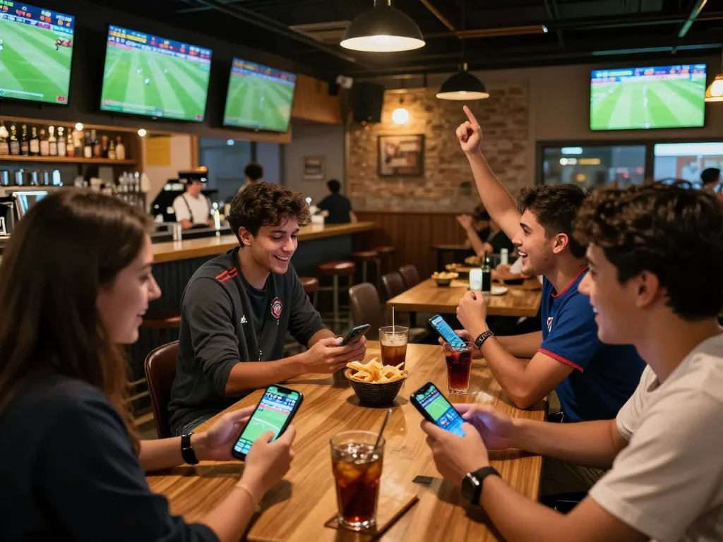 Penggemar yang bersorak melakukan taruhan pada Judi Bola Terpercaya sambil menikmati suasana bar olahraga yang ramai.