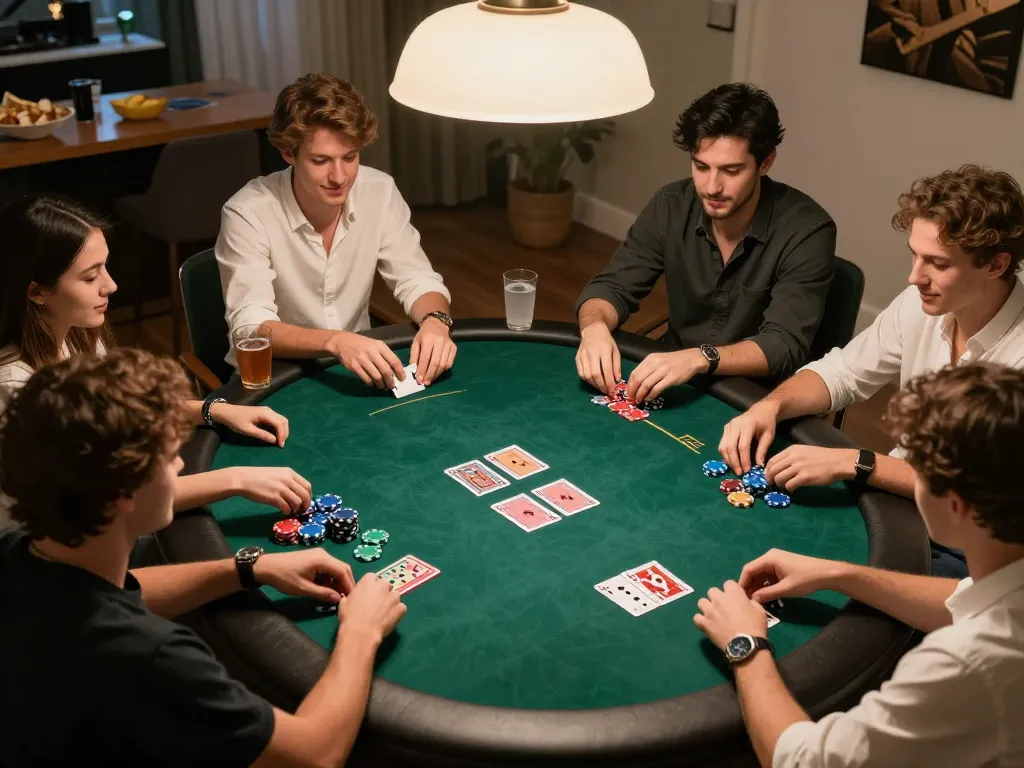 Players engaged at a friendly poker night, focusing on strategic gameplay for mb66-t in a cozy home setting.