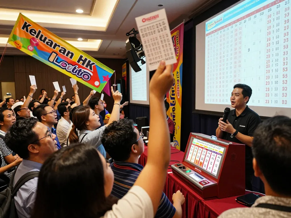Acara Keluaran HK dengan kerumunan yang antusias menunggu hasil lotere, spanduk, dan layar langsung menciptakan suasana yang meriah.