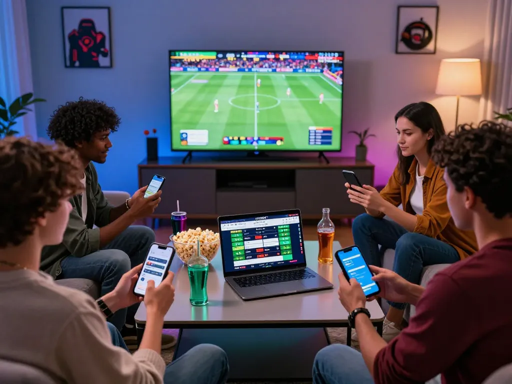 Group of friends enjoying a dynamic online betting experience on UFABET.