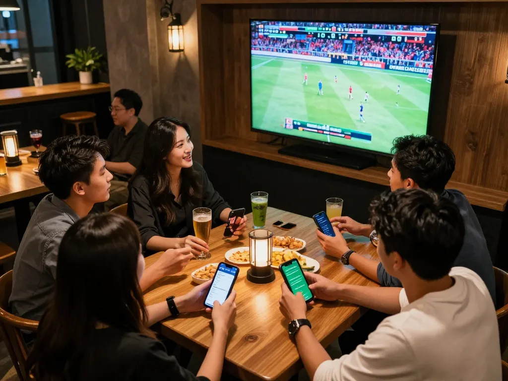 Soi keo nha cai action at a lively sports bar with friends strategizing bets.