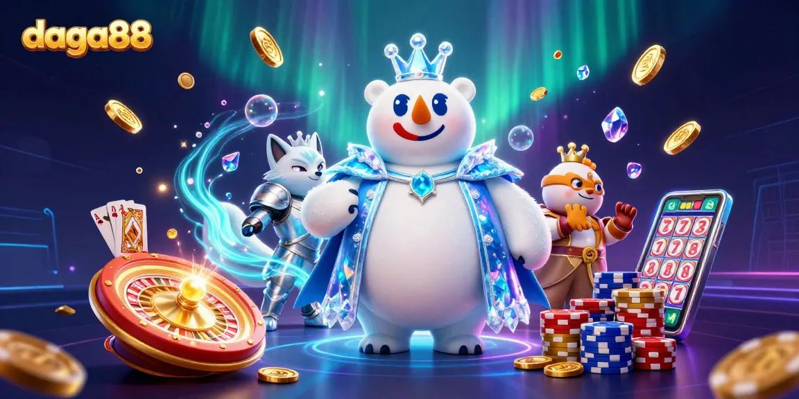 Daga88 offers a captivating immersive gambling experience, featuring a royal polar bear and fox amidst casino elements.