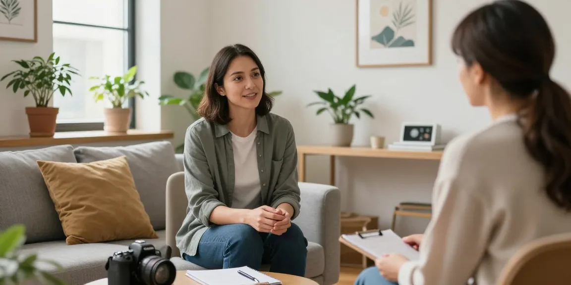 Therapist discussing焦慮症 with a patient in a calming office setting.